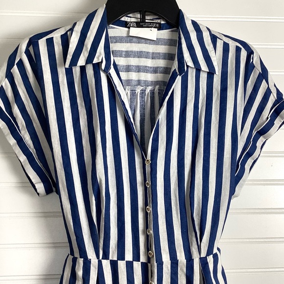 Zara Midi Stripe Dress Linen Shirt Tunic Midi With Belt BlueWhite Size Small - Picture 3 of 12